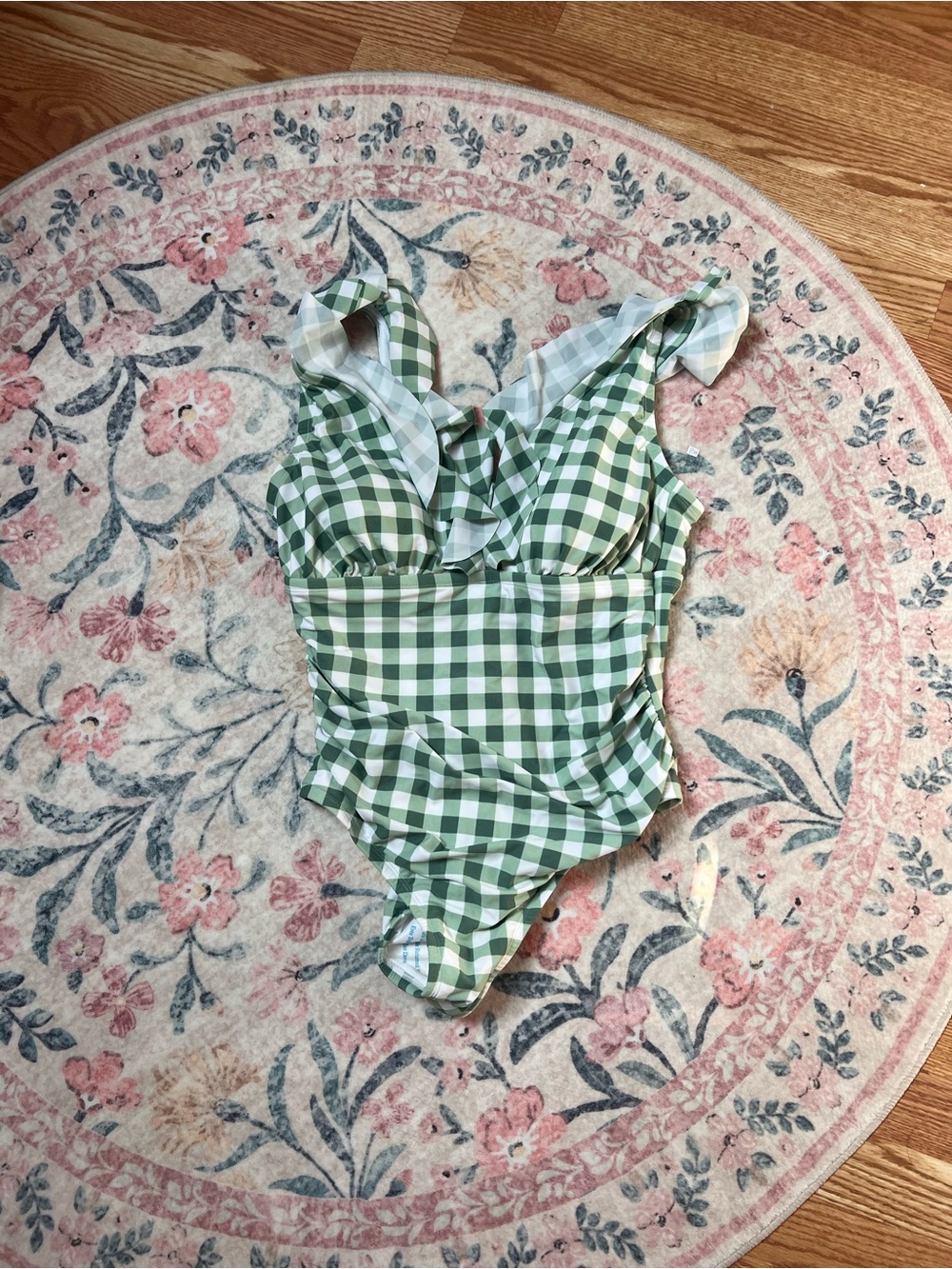 Kona Sol Green & White Gingham One-Piece Swimsuit with Ruffle Straps